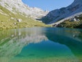 Reflection of mountains in emerald-green Lake Partnun in Praettigau, Graubuenden, Switzerland. Royalty Free Stock Photo