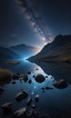 reflection of the mountains on the lake in the night, starry night, night scene in mountains Royalty Free Stock Photo