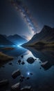 reflection of the mountains on the lake in the night, starry night, night scene in mountains Royalty Free Stock Photo