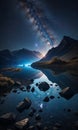 reflection of the mountains on the lake in the night, starry night, night scene in mountains Royalty Free Stock Photo