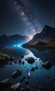 reflection of the mountains on the lake in the night, starry night, night scene in mountains Royalty Free Stock Photo