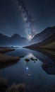 reflection of the mountains on the lake in the night, starry night, night scene in mountains Royalty Free Stock Photo