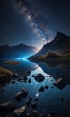 reflection of the mountains on the lake in the night, starry night, night scene in mountains Royalty Free Stock Photo