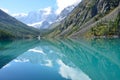 The reflection of the mountains Skazka and Krasavitsa Tale and Beautiful in a Large Shavlinskoye lake, Altai mountains, Russia Royalty Free Stock Photo