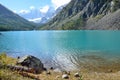 The reflection of the mountains Skazka and Krasavitsa Tale and Beautiful in a Large Shavlinskoye lake, Altai mountains, Russia Royalty Free Stock Photo