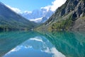 The reflection of the mountains Skazka and Krasavitsa Tale and Beautiful in a Large Shavlinskoye lake in sunny day, Altai mounta Royalty Free Stock Photo
