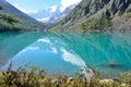 The reflection of the mountains Skazka and Krasavitsa (Tale and Beautiful) in a Large Shavlinskoye lake, Altai Royalty Free Stock Photo