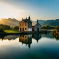 reflection nature morning lake river water reservoir mountain landscape dusk dawn evening cloud sunlight tree sunrise sunset sky Royalty Free Stock Photo