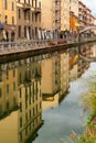 Reflection on the Naviglio Pavese, Milan, Italy Royalty Free Stock Photo