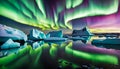 reflection of northern lights over sea, icebergs in background