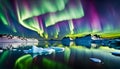 reflection of northern lights over sea, icebergs in background