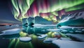 reflection of northern lights over sea, icebergs in background