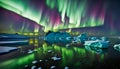 reflection of northern lights over sea, icebergs in background