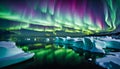 reflection of northern lights over sea, icebergs in background