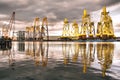 Reflection of offshore wind turbine bases the river Tyne