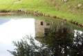 Reflection of an old mountain home on pond Royalty Free Stock Photo