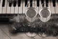 Reflection of piano keys in two wine glasses, pianoforte