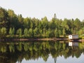 Reflection of the pine forest in the water. Old house on the shore. Morning sun. Landscape Royalty Free Stock Photo