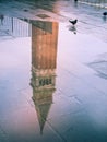 Reflection on a puddle of the bell tower of the church of San Marco, Campanille, Venice, Italy with pigeons Royalty Free Stock Photo