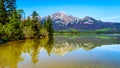 Reflection of Pyramid Mountain, in the Victoria Cross Range, in Pyramid Lake in Jasper National Park Royalty Free Stock Photo