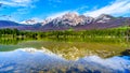 Reflection of Pyramid Mountain, in the Victoria Cross Range, in Pyramid Lake in Jasper National Park Royalty Free Stock Photo