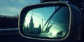 Reflection In A Rearview Mirror. Moscow State University building. Royalty Free Stock Photo