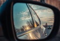 Reflection of the road in the mirror of a car closeup Royalty Free Stock Photo