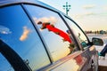 The reflection of the Rostral column in the car window, Saint-Petersburg Royalty Free Stock Photo