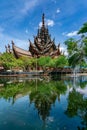 Reflection of The Sanctuary of Truth, a Landmark in Pattaya, Thailand.