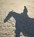 Reflection on the sand a man riding a horse silhouette rider