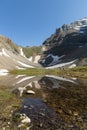 Reflection of Sentinel Pass with snow in the Canadian Rockies on a summer day in a small lake Royalty Free Stock Photo