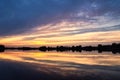 Reflection of the sky in the water. gold, yellow and pink colors of the sky are reflected in the lake Royalty Free Stock Photo