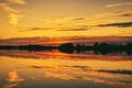 reflection of the sky in the water. gold, yellow and pink colors of the sky are reflected in the lake Royalty Free Stock Photo