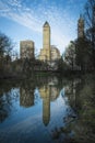 Reflection of skyscrapers in Central Park pond, New York city Royalty Free Stock Photo