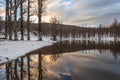 Reflection of snow, mountains, trees and clouds on a mountain lake at sunset, snow in winter on the mountain. Snow season. Cold wi Royalty Free Stock Photo