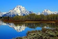 Grand Teton National Park, Reflection of Snowy Mount Moran and Rocky Mountains in Oxbow Bend of the Snake River in Wyoming, USA Royalty Free Stock Photo