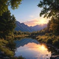 The reflection of Summer Sunrise Oxbow bend. Royalty Free Stock Photo