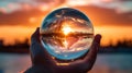 Reflection of the sun in a crystal ball with a lake in the background, Generative AI illustrations Royalty Free Stock Photo