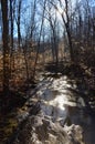 Reflection of the sun in the water, a small river in the autumn in the forest in the parkon Brandywine Creek in Cuyahoga Valley Royalty Free Stock Photo