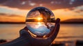 Reflection of a sunset in a glass ball on a background of the sea, Generative AI illustrations Royalty Free Stock Photo