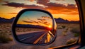 Reflection of the sunset in the mirror of a car on the road. Generative AI Royalty Free Stock Photo