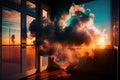 reflection of the sunset in a room with puffs of smoke from the window