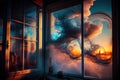 reflection of the sunset in a room with puffs of smoke from the window