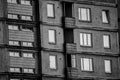 Reflection of a sunset in Soviet multistory building windows in Riga, Latvia Royalty Free Stock Photo