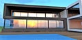 Reflection of the sunset in the windows of a modern high-tech house. Wooden deck around the pool with blue water. 3d render Royalty Free Stock Photo