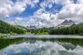 Reflection of the three peaks of Lavaredo on Lake Misurina, Dolomites, Veneto, Italy Royalty Free Stock Photo