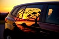 The reflection of tree in car's side mirror at sunset. Generative AI Royalty Free Stock Photo