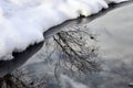 Reflection of trees and sky with clouds in the water. Winter landscape near the river. Snow-covered river bank and non-freezing wa Royalty Free Stock Photo