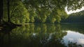 reflection of trees in the water A serene lake with gentle ripples on the surface. The water is clear and reflects the blue sky Royalty Free Stock Photo