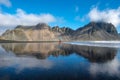 Reflection of Vestrahorn mountain in Stokksnes, Iceland Royalty Free Stock Photo